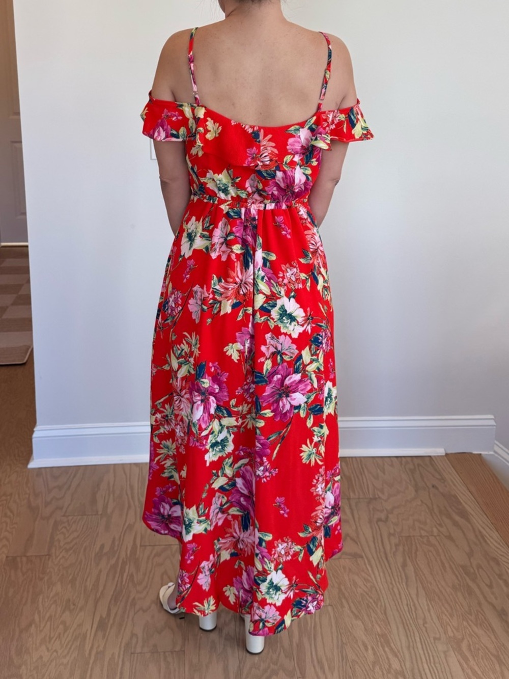 I.N. San Francisco Bright Red Floral Faux Wrap Flowy Dress Small NWT - Picture 3 of 11